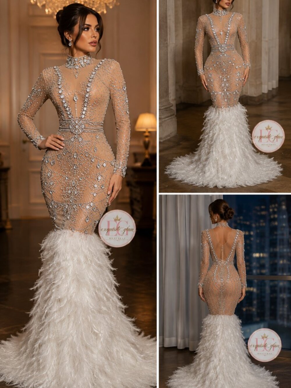 💎Couture Ostrich Feathers Evening Wedding Cocktail Runway Beaded Crystals Dress